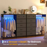 Commode 49,2 po avec portant et lumières, tour de rangement 6 tiroirs avec station de recharge et plateau en bois réversible pour chambre