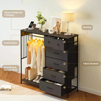 Commode 49,2 po avec portant et lumières, tour de rangement 6 tiroirs avec station de recharge et plateau en bois réversible pour chambre