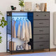 49.2 Dresser with Hanging Rack & Lights, 6-Drawer Storage Tower with Charging Station & Reversible Wood Top for Bedroom
