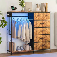 Commode 49,2 po avec portant et lumières, tour de rangement 6 tiroirs avec station de recharge et plateau en bois réversible pour chambre