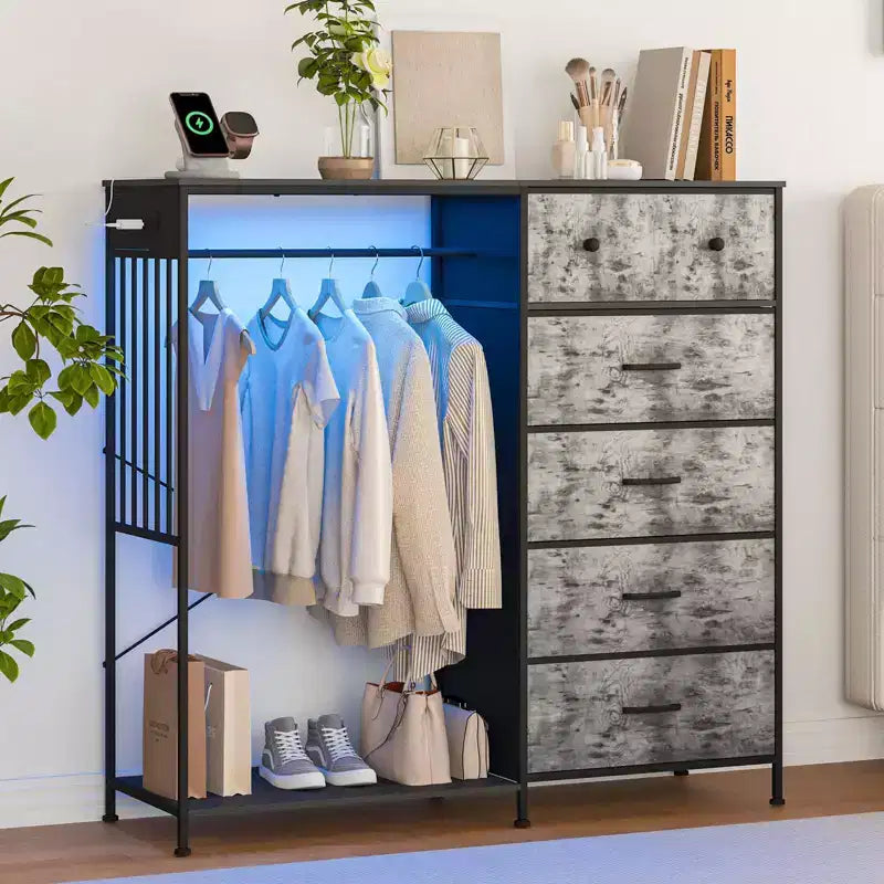 Commode 49,2 po avec portant et lumières, tour de rangement 6 tiroirs avec station de recharge et plateau en bois réversible pour chambre