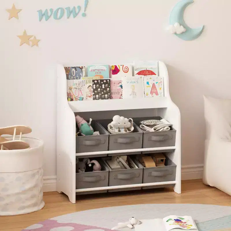 Étagère à Livres pour Enfants avec 6 Bacs en Tissu, Présentoir de Livres et Organisateur de Rangement de Jouets pour Salle de Jeux ou Chambre d'Enfant, Blanc et Gris