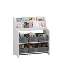 Étagère à Livres pour Enfants avec 6 Bacs en Tissu, Présentoir de Livres et Organisateur de Rangement de Jouets pour Salle de Jeux ou Chambre d'Enfant, Blanc et Gris