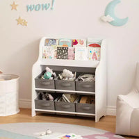 Étagère à Livres pour Enfants avec 6 Bacs en Tissu, Présentoir de Livres et Organisateur de Rangement de Jouets pour Salle de Jeux ou Chambre d'Enfant, Blanc et Gris