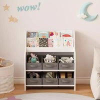 Étagère à Livres pour Enfants avec 6 Bacs en Tissu, Présentoir de Livres et Organisateur de Rangement de Jouets pour Salle de Jeux ou Chambre d'Enfant, Blanc et Gris