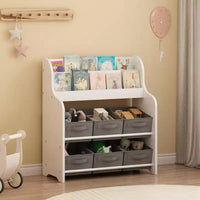 Étagère à Livres pour Enfants avec 6 Bacs en Tissu, Présentoir de Livres et Organisateur de Rangement de Jouets pour Salle de Jeux ou Chambre d'Enfant, Blanc et Gris