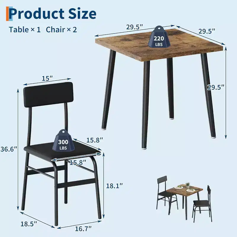 Petit ensemble table à manger pour 2, ensemble table de cuisine 3 pièces avec 2 chaises rembourrées, table de petit-déjeuner pour petit espace, salle à manger, appartement, restaurant