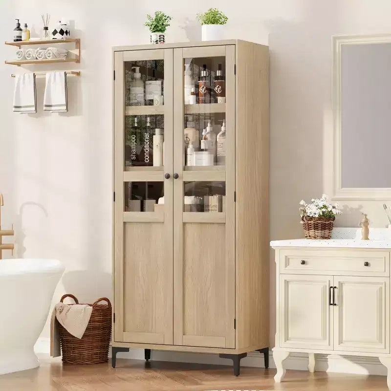 Armoire de rangement haute, Meuble de rangement de cuisine, Armoire de salle de bain à 5 niveaux avec 4 portes et étagères réglables pour cuisine, salle à manger, salle de bain