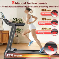 Vente de tapis de course inclinable : Inclinaison manuelle à 3 niveaux de 12 %, capacité de 150 kg avec connectivité APP Bluetooth, tapis de course pliable pour la maison/le petit bureau
