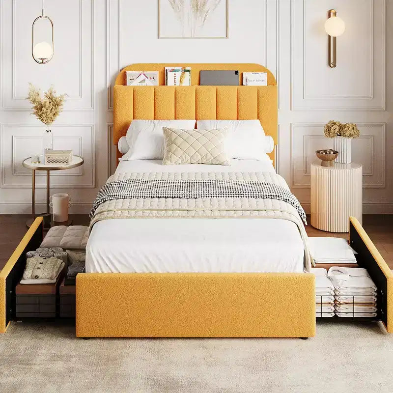 Lit pour enfant avec tête de lit de rangement, lit plateforme rembourré en bouclette avec 2 tiroirs et bibliothèque, aucun sommier tapissier requis, montage facile