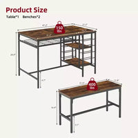Ensemble table à manger pour 4, table de cuisine avec 2 bancs, casier à vin et étagère de rangement, table de salle à manger rectangulaire, ensemble table à manger 3 pièces