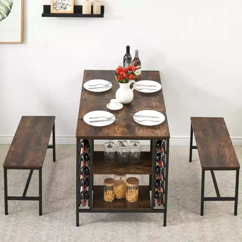 Ensemble table à manger pour 4, table de cuisine avec 2 bancs, casier à vin et étagère de rangement, table de salle à manger rectangulaire, ensemble table à manger 3 pièces