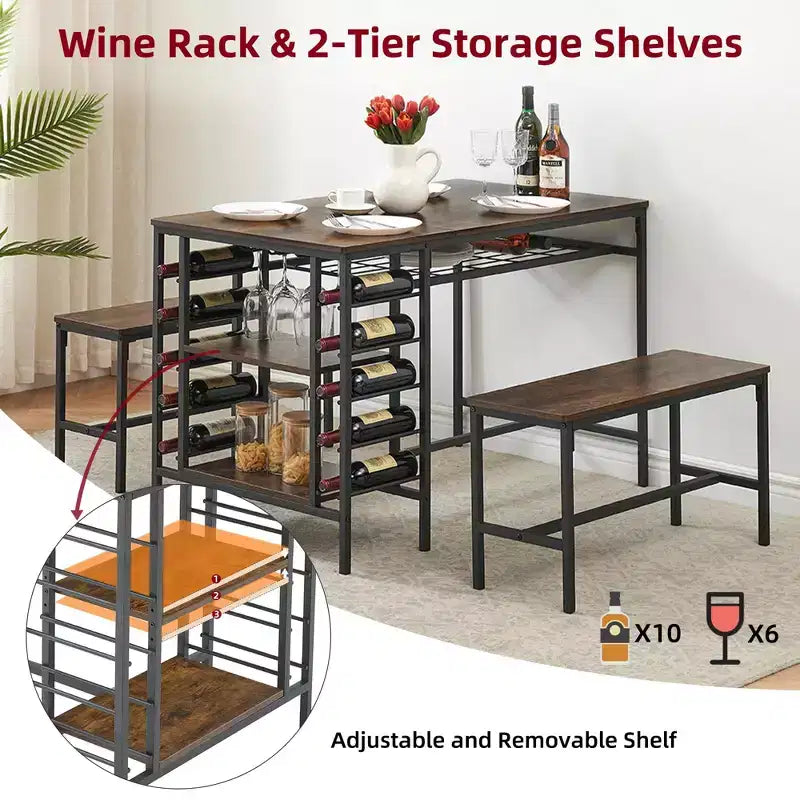 Ensemble table à manger pour 4, table de cuisine avec 2 bancs, casier à vin et étagère de rangement, table de salle à manger rectangulaire, ensemble table à manger 3 pièces