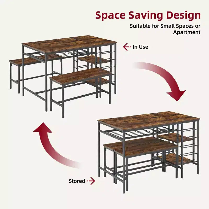 Ensemble table à manger pour 4, table de cuisine avec 2 bancs, casier à vin et étagère de rangement, table de salle à manger rectangulaire, ensemble table à manger 3 pièces