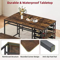 Ensemble table à manger pour 4, table de cuisine avec 2 bancs, casier à vin et étagère de rangement, table de salle à manger rectangulaire, ensemble table à manger 3 pièces