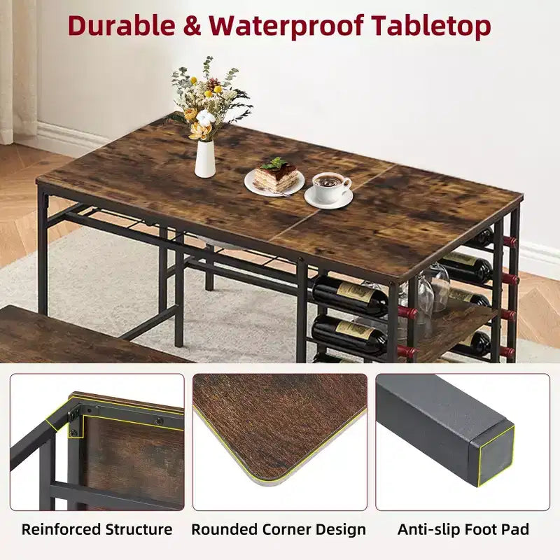 Ensemble table à manger pour 4, table de cuisine avec 2 bancs, casier à vin et étagère de rangement, table de salle à manger rectangulaire, ensemble table à manger 3 pièces