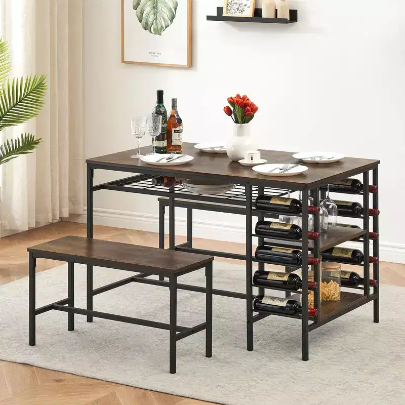 Ensemble table à manger pour 4, table de cuisine avec 2 bancs, casier à vin et étagère de rangement, table de salle à manger rectangulaire, ensemble table à manger 3 pièces