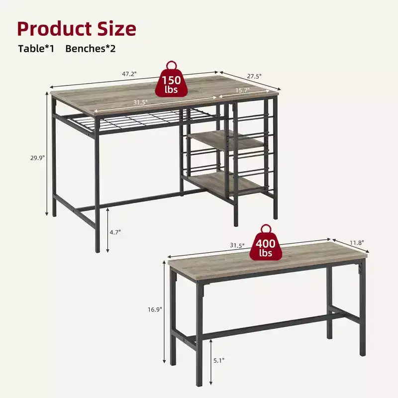 Ensemble table à manger pour 4, table de cuisine avec 2 bancs, casier à vin et étagère de rangement, table de salle à manger rectangulaire, ensemble table à manger 3 pièces