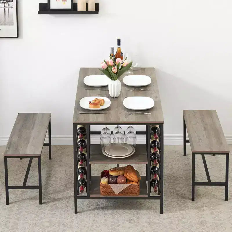 Ensemble table à manger pour 4, table de cuisine avec 2 bancs, casier à vin et étagère de rangement, table de salle à manger rectangulaire, ensemble table à manger 3 pièces