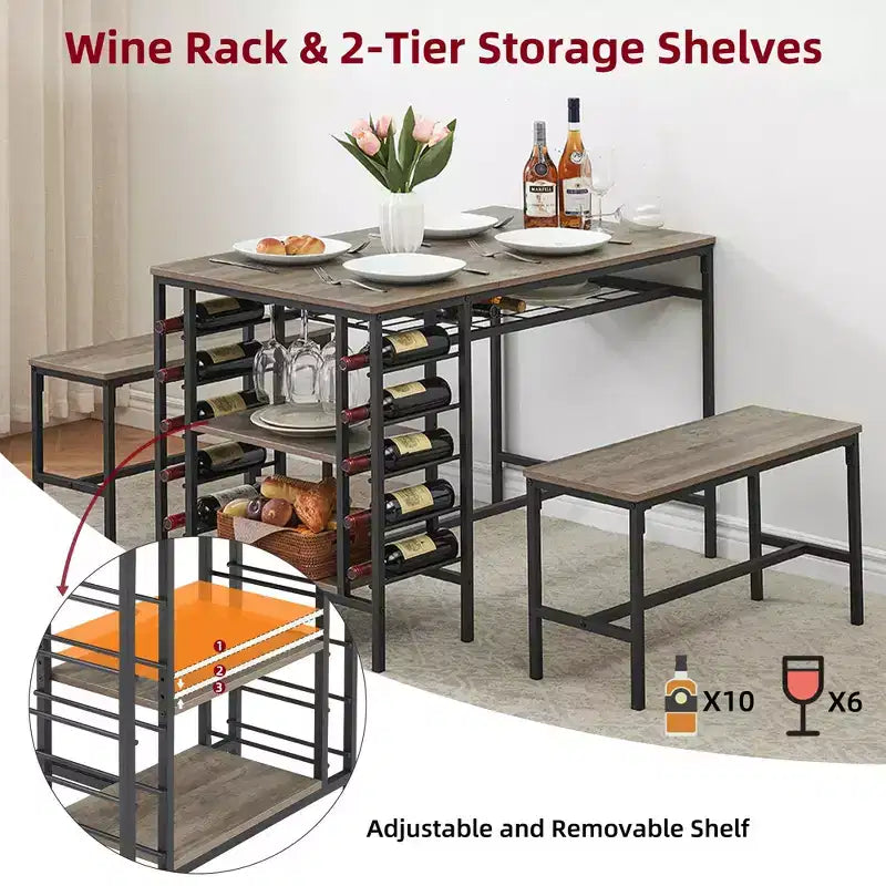 Ensemble table à manger pour 4, table de cuisine avec 2 bancs, casier à vin et étagère de rangement, table de salle à manger rectangulaire, ensemble table à manger 3 pièces