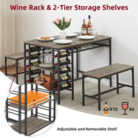 Ensemble table à manger pour 4, table de cuisine avec 2 bancs, casier à vin et étagère de rangement, table de salle à manger rectangulaire, ensemble table à manger 3 pièces