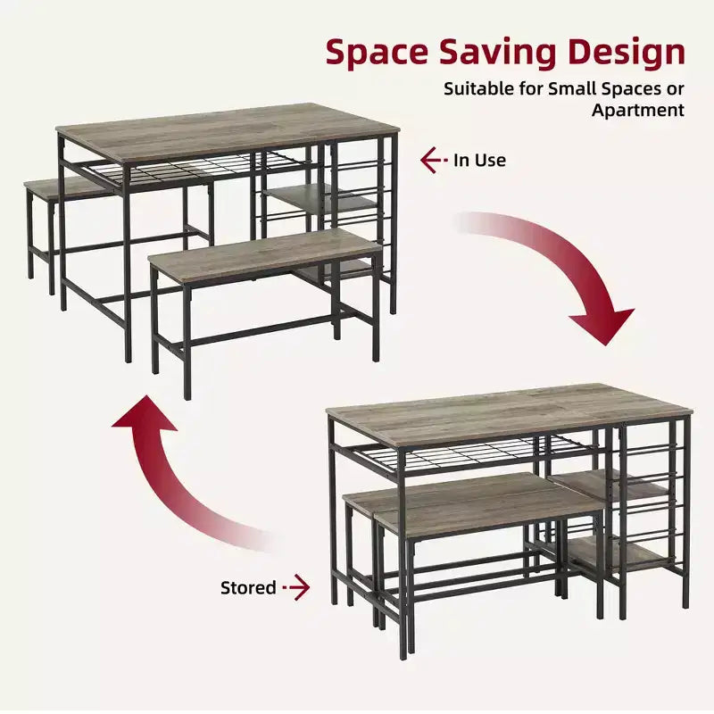 Ensemble table à manger pour 4, table de cuisine avec 2 bancs, casier à vin et étagère de rangement, table de salle à manger rectangulaire, ensemble table à manger 3 pièces
