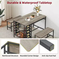 Ensemble table à manger pour 4, table de cuisine avec 2 bancs, casier à vin et étagère de rangement, table de salle à manger rectangulaire, ensemble table à manger 3 pièces