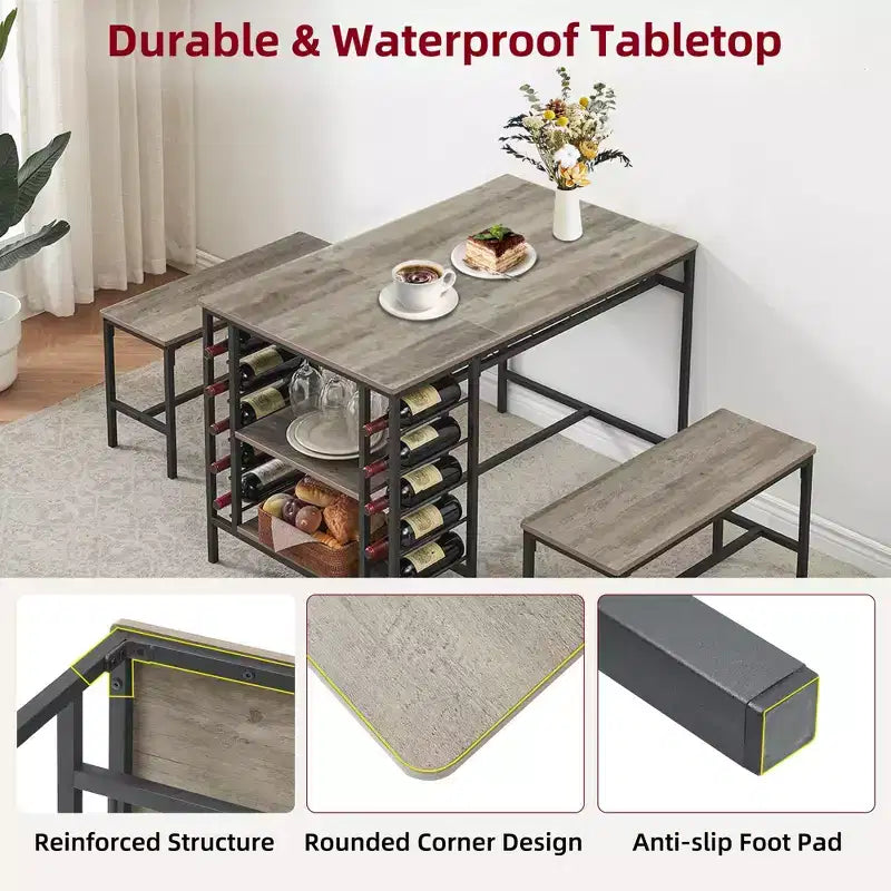 Ensemble table à manger pour 4, table de cuisine avec 2 bancs, casier à vin et étagère de rangement, table de salle à manger rectangulaire, ensemble table à manger 3 pièces