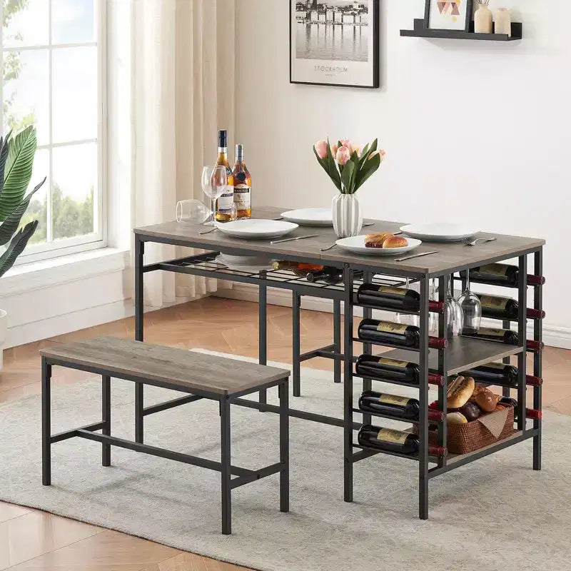 Ensemble table à manger pour 4, table de cuisine avec 2 bancs, casier à vin et étagère de rangement, table de salle à manger rectangulaire, ensemble table à manger 3 pièces