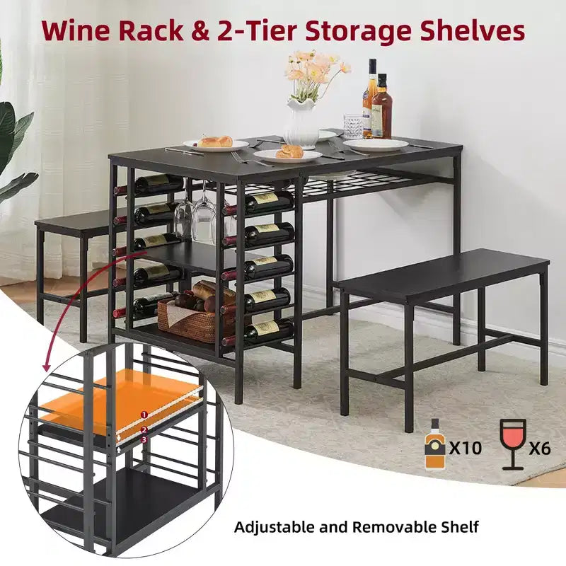 Ensemble table à manger pour 4, table de cuisine avec 2 bancs, casier à vin et étagère de rangement, table de salle à manger rectangulaire, ensemble table à manger 3 pièces
