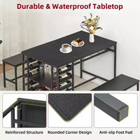 Ensemble table à manger pour 4, table de cuisine avec 2 bancs, casier à vin et étagère de rangement, table de salle à manger rectangulaire, ensemble table à manger 3 pièces