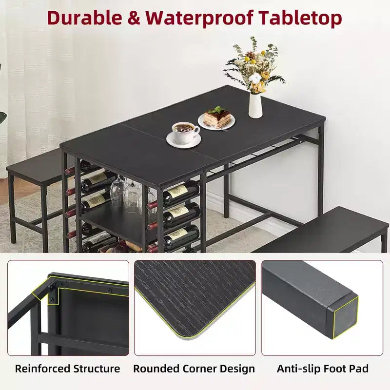 Ensemble table à manger pour 4, table de cuisine avec 2 bancs, casier à vin et étagère de rangement, table de salle à manger rectangulaire, ensemble table à manger 3 pièces