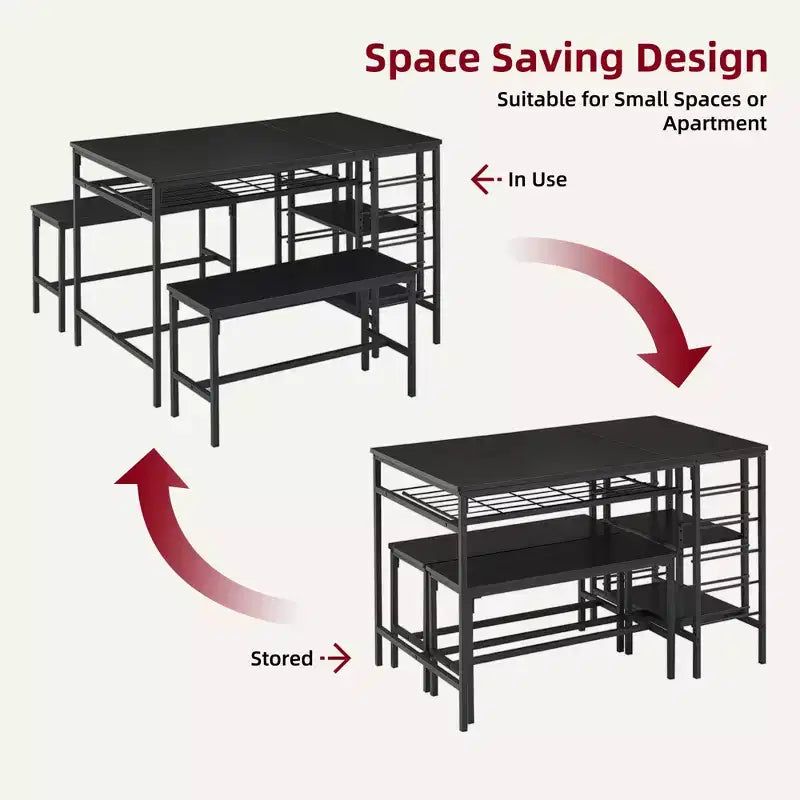 Ensemble table à manger pour 4, table de cuisine avec 2 bancs, casier à vin et étagère de rangement, table de salle à manger rectangulaire, ensemble table à manger 3 pièces