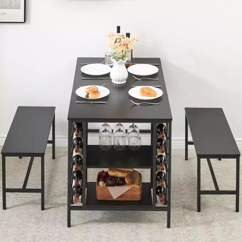 Ensemble table à manger pour 4, table de cuisine avec 2 bancs, casier à vin et étagère de rangement, table de salle à manger rectangulaire, ensemble table à manger 3 pièces