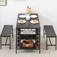 Ensemble table à manger pour 4, table de cuisine avec 2 bancs, casier à vin et étagère de rangement, table de salle à manger rectangulaire, ensemble table à manger 3 pièces
