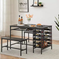 Ensemble table à manger pour 4, table de cuisine avec 2 bancs, casier à vin et étagère de rangement, table de salle à manger rectangulaire, ensemble table à manger 3 pièces