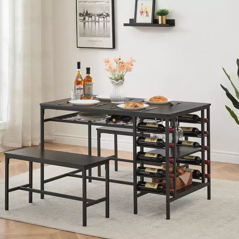 Ensemble table à manger pour 4, table de cuisine avec 2 bancs, casier à vin et étagère de rangement, table de salle à manger rectangulaire, ensemble table à manger 3 pièces