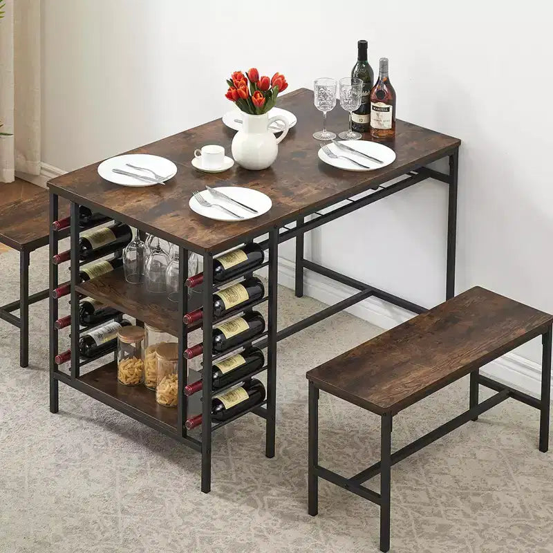 Ensemble table à manger pour 4, table de cuisine avec 2 bancs, casier à vin et étagère de rangement, table de salle à manger rectangulaire, ensemble table à manger 3 pièces