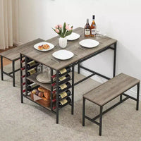 Ensemble table à manger pour 4, table de cuisine avec 2 bancs, casier à vin et étagère de rangement, table de salle à manger rectangulaire, ensemble table à manger 3 pièces