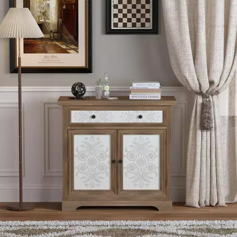 Meuble d'appoint rustique style ferme avec portes sculptées florales, 1 tiroir et rangement double-porte pour salon ou entrée