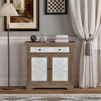 Meuble d'appoint rustique style ferme avec portes sculptées florales, 1 tiroir et rangement double-porte pour salon ou entrée