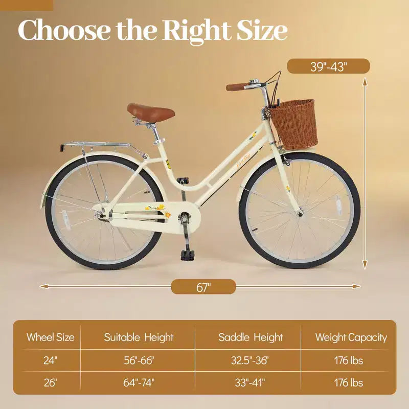 Vélo de plage Gymax 26 pouces avec selle réglable, panier tressé et porte-bagages arrière