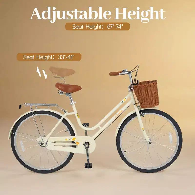 Vélo de plage Gymax 26 pouces avec selle réglable, panier tressé et porte-bagages arrière