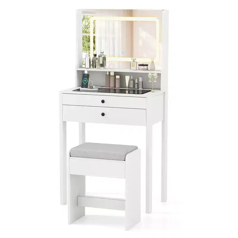 Coiffeuse Costway compacte avec miroir lumineux, station de charge, plateau en verre et tiroirs/étagère