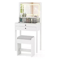 Coiffeuse Costway compacte avec miroir lumineux, station de charge, plateau en verre et tiroirs/étagère