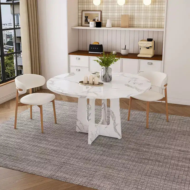 Table à manger ronde de 47 pouces pour 4 personnes, table de ferme en MDF avec finition marbre blanc, capacité de 300 lb, assemblage facile pour salle à manger, cuisine, salon