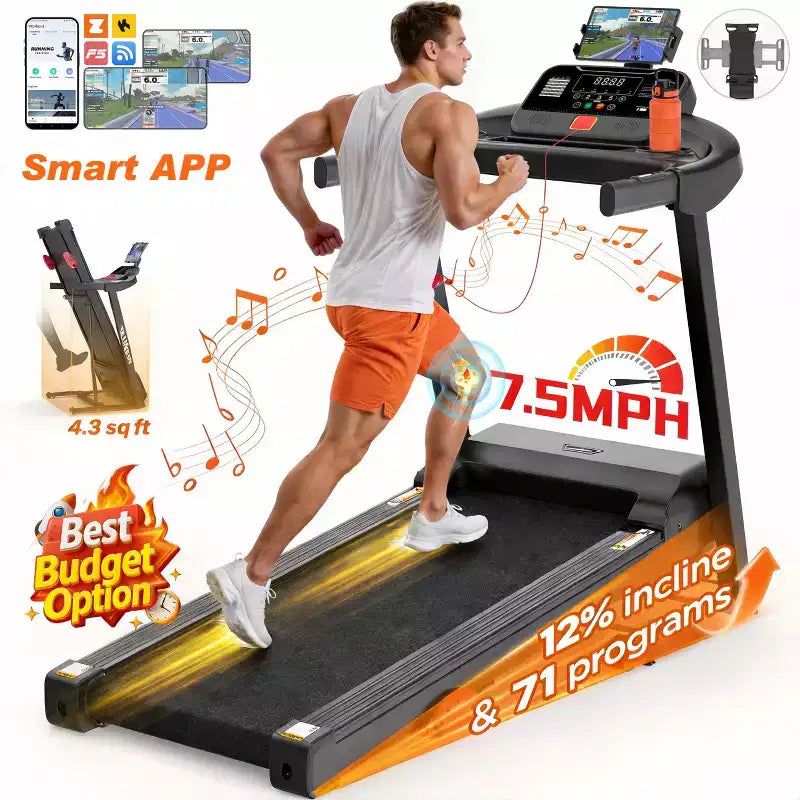 Tapis Roulant 3,5 CV en Destockage : Tapis Roulant Pliable 4-en-1 avec Inclinaison de 12%, Application et Haut-parleurs Bluetooth, Capacité de 150 kg, 71 Programmes, Utilisation Domicile/Bureau