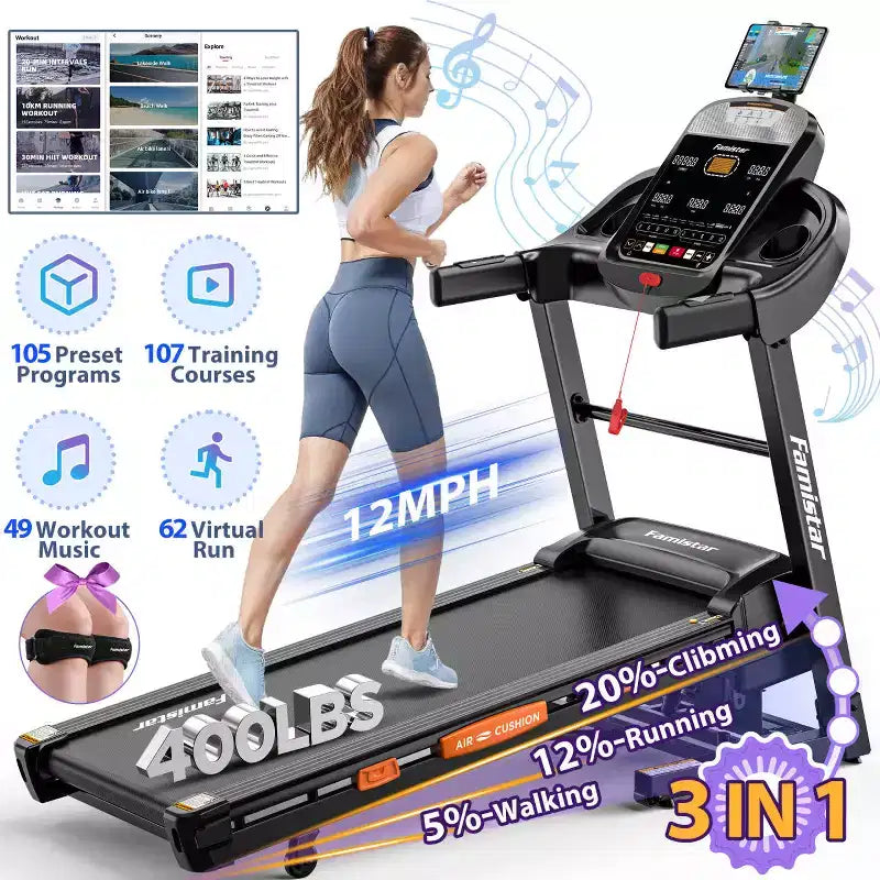 Tapis de course à inclinaison automatique de 20 %, tapis de course pliable 5,1 CV capacité 180 kg, 105 programmes, vitesse 19 km/h, contrôle via APP pour entraînement personnalisé, jogging et marche à domicile