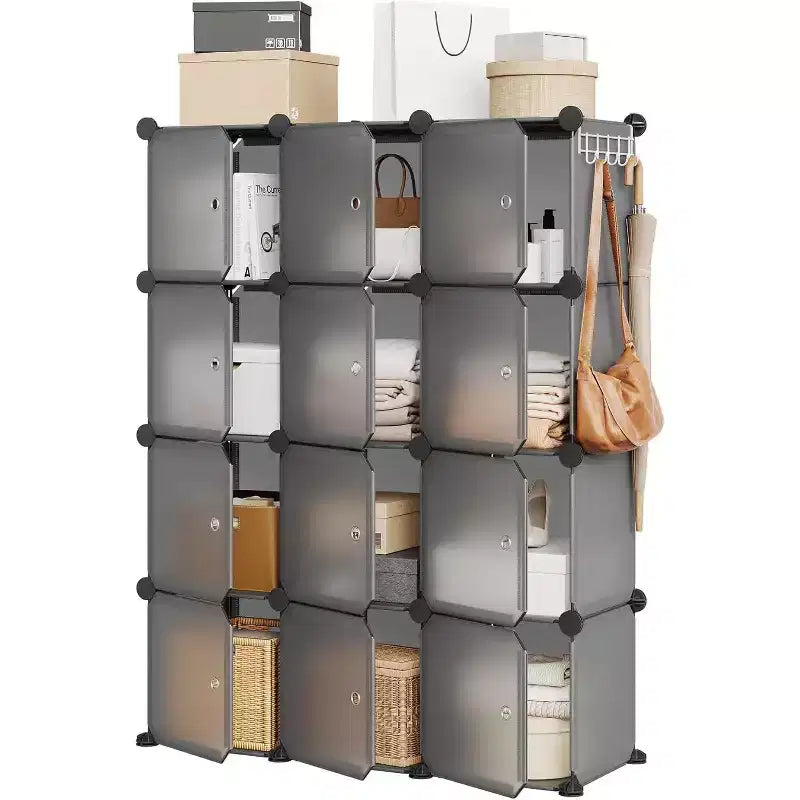 Organisateur de rangement 12 cubes avec portes, étagère modulaire en plastique pour chambre à coucher et salon, gris