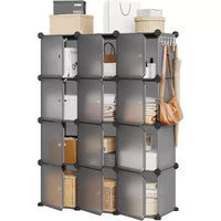 Organisateur de rangement 12 cubes avec portes, étagère modulaire en plastique pour chambre à coucher et salon, gris